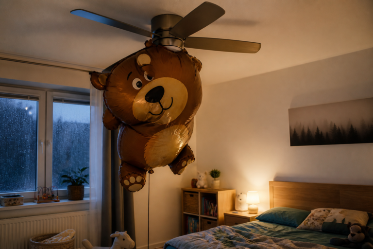 Balónový medveď pri stropnom ventilátore v spálni